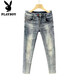 Playboy (Playboy) zerrissen Jeans Herrenmarke 2025 Sommer Dünn Schlanker Fit Small Feet Elastic und gutaussehende vielseitige, lässige neun-Punkte-Hosen 9759 Retro Blue 28