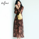 Evely looks slim and slanted silk style V-neck ruffle front slit design versatile dress 2025 autumn new style autumn dye brown M 105-115Jin [Jin equals 0.5 kg]