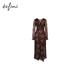 Evely looks slim and slanted silk style V-neck ruffle front slit design versatile dress 2025 autumn new style autumn dye brown M 105-115Jin [Jin equals 0.5 kg]