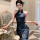 Feiyao cheongsam new Chinese style national style satin print improved cheongsam sleeveless slim waist sexy dress long skirt dark blue S length 105cm, bust 80cm