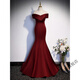 Zhenji burgundy fishtail evening dress female bel canto solo vocal art test toast annual meeting host one-shoulder light wedding dress burgundy M