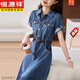 Hengyuanxiang Robe en jean à manches courtes haut de gamme European pour femmes 2025 Été Nouveau style Jupe de taille de revers populaire pour femmes Couleur d'image xl [115-125Jin [Jin est égal à 0,5 kg]]]