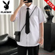 Playboy Ice Silk Short à manches de chemise à manchette Men's Men's Summer White DK Uniform Suit à cinq points à moitié à manches