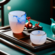 Fumei ancient house, gilt blue and white jade porcelain Kung Fu tea set, high-end gift box for elders and friends, business gift for housewarming and opening ceremony, gilt blue and white jade porcelain tea set, Buddha said crystal cup, 11 pieces