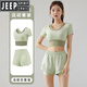 JEEP SPIRIT yoga wear women's short-sleeved new style fitness top with chest padding Pilates training running sports suit summer fog white short-sleeved + black shorts S