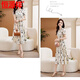 Hengyuanxiang Robe de soie de glace haut de gamme 2025 Été Nouveau cou rond à la taille florale jupe légère Abricot Couleur XL Recommandé pour porter 110-120jin [Jin est égal à 0,5 kg]