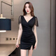 为知树夜总会KTV性感连衣裙女深V礼服SPA足浴按摩技师工作服包臀裙夜场 增3882黑色+ 3XL 建议135-150斤