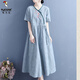 Woodpecker 2025 summer new cotton linen tilted placket embroidered short-sleeved dress for women Chinese style literary retro mid-length skirt Blue M Recommended 80-105Jin [Jin equals 0.5 kg]