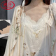 
LangSha suspender pajamas women's spring and autumn nightgown three-piece suit long-sleeved sexy cotton sweet bathrobe summer home clothes LE-9928 M
