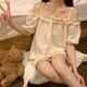 
Shantoulin Village summer pure cotton suspender pajamas for women 2024 new sexy pure and sexy style one-shoulder short-sleeved girl suit home clothes 12346 pocket kitten M