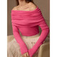 European and American cross-border spring and autumn wool off-shoulder sweater top for women slim solid color pullover one-length sweater base shirt rose red L