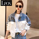 LPOX jacket denim jacket for women 2025 spring and autumn new style spliced embroidered contrasting color versatile denim jacket for women 9926# picture style [Blue] S [Suggested 80--100Jin [Jin equals 0.5 kg]]