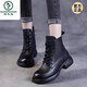 Spechtschuhe echtes Leder 2024 Herbst und Winter Neue Nicht-Schlupf-Frauenstiefel schlanke Martin-Stiefel weiche Sohle Lederschuhe plus Samt verdickte kurze Stiefel Schwarze Samt 35