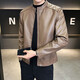 High-end stand-up collar leather jacket for men in autumn and winter new fashion casual black leather jacket velvet thickened versatile jacket khaki XL