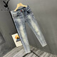 Playboy (Playboy) zerrissen Jeans Herrenmarke 2025 Sommer Dünn Schlanker Fit Small Feet Elastic und gutaussehende vielseitige, lässige neun-Punkte-Hosen 9759 Retro Blue 28