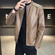 High-end stand-up collar leather jacket for men in autumn and winter new fashion casual black leather jacket velvet thickened versatile jacket khaki XL
