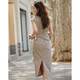 DME (DME) [Hautwolke Sauerstoff Baumwolle] Sommerkontrastierende Farbe Runde Nackenseite Taille Abdeckung Hülle gestreiftes gestricktes Damenkleid Aprikose s