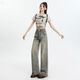 Yan Rui nostalgic blue fur edge wide-leg jeans for women in summer 2025 high waist draping loose slimming straight mopping floor Nostalgic blue [extended 163cm or more] TH1048 M