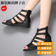 Satchi leichte Luxus Sommer Neue echte Leder Römische Schuhe flache vielseitige Sandalen Großgröße hohle High-Top-Fisch-Mundschuhe Frauen Sandalen schwarz 35