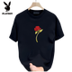 Playboy (PLAYBOY) short-sleeved T-shirt for men and women couples outfits trendy brand round neck printed T-shirt pure cotton simple loose versatile half-sleeved top summer black [front large picture K1049 single red rose S recommended 90-100 Jin [Jin equals 0.5 kg]