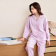 American Standard autumn and winter new woven cotton couple's long-sleeved pajamas women's lapel pure cotton men's home clothes Crystal Purple M
