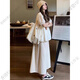 GUYN Maternal Women Summer Suit Two-Piece Cotton Hollow Shirt Top Summer Thin Fashionable and Casual Lazy Style Apricot Top + Khaki Wide Leg Pants M