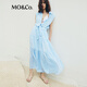 MO&Co.连衣裙高腰绑带苎麻翻领立体宽肩衬衫长裙蓝白条纹摩安珂 蓝白条色 XS 155