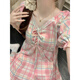 
Cat man (MiiOW) pink plaid pajamas for women in summer with chest pads sexy cute lace short-sleeved princess style nightgown 2025 home clothes 16864 pink flower green leaves fixed chest pad M 160