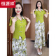Hengyuanxiang 2025 summer new Chinese style short-sleeved wide-leg pants casual sports two-piece suit for women's temperament, fashionable and fashionable, age-reducing green [two-piece set] M [Suggested 85-100Jin [Jin equals 0.5 kg]]