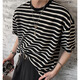 Poum Schwarz-Weiß gestreifter runder Nacken kurzärmelige Sommer- und Herbstkoreanische Version Einfacher grundlegender T-Shirt Casual Lose vielseitig Top YTFS-6627 Black M.