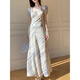 
Cotton French oblique cut design lotus leaf collar dress for women 2025 summer new style slim waist long skirt purple L 105-115Jin[Jin equals 0.5 kg]