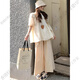 GUYN Maternal Women Summer Suit Two-Piece Cotton Hollow Shirt Top Summer Thin Fashionable and Casual Lazy Style Apricot Top + Khaki Wide Leg Pants M