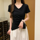 LA CHAPELE (LA CHAPLELA) Camiseta de manga corta de cuello V irregular negro para mujeres en verano 2025 Nuevo estilo chaqueta del cuerpo delgado de hombro negro (modelos 15847) S 89-98Jin [Jin equivale a 0.5 kg]