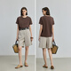 
LILY2025 summer new women's clothing retro simple basic embroidery casual versatile front shoulder round neck short-sleeved T-shirt 701 brown L