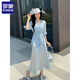 罗蒙绸缎连衣裙两件套女欧洲站2025春夏新款遮肚显瘦天丝收腰衬衫吊带 冰川蓝 套装 M 建议80-110斤