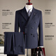 ROMON suit + vest + trousers striped double-breasted suit men's business slim formal suit navy XL