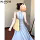 
Cotton-made French hollow neck sleeveless dress for women in summer 2025 new waist-hugging slim lace spliced ​​beach long skirt 9964 blue [high quality 52.5] L 100-110Jin [Jin equals 0.5 kg]