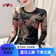 雅鹿水墨画印花打底衫女春秋新款性感网纱长袖t恤修身百搭上衣潮 9712咖色 L
