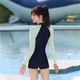 Long-sleeved one-piece flat-angle women's swimsuit conservative slim fit color blocking flesh to make you look slimming sports and leisure swimming pool essentials Green XL [Suggested 105-120Jin [Jin equals 0.5 kg]]