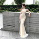 YIOU adult dress evening dress hot girl oblique shoulder lace splicing slim smocked hip-hugging fishtail dress long floor-length apricot M