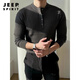 JEEP SPIRIT black Henry collar long-sleeved T-shirt men's spring and autumn American retro round neck sweater with versatile striped men's black M