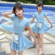 
Girls 2025 new swimsuit set for medium and large children's split skirt swimsuit fashionable girl swimsuit high appearance sky blue 130