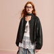
Three Color 2025 Autumn New PU Imitation Leather Jacket Retro Leather Jacket Round Neck Loose Cardigan Simple M Classic Black M 160/84A