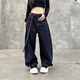 American high street retro personality belt jeans men and women dark blue street loose silhouette sickle wide-leg pants blue 1355 M