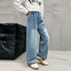 Hölzerne Holzhaus Mädchen Hosen Kinder Casual Hosen Jeans Spring- und Herbstkleidung mittelgroß und große Kinder lose geradlinige Weitbeinhosen Blau 130