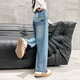 Hölzerne Holzhaus Mädchen Hosen Kinder Casual Hosen Jeans Spring- und Herbstkleidung mittelgroß und große Kinder lose geradlinige Weitbeinhosen Blau 130
