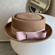 Woodpecker (TUCANO) fashionable camel curly top hat for women, autumn and winter French wool felt hat with bow, elegant flat-top woolen hat for ladies, burgundy light pink high-density fine cotton bow, high weight curly wool concave top hat, adjustable (56-58cm)