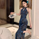 Feiyao cheongsam new Chinese style national style satin print improved cheongsam sleeveless slim waist sexy dress long skirt dark blue S length 105cm, bust 80cm