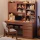Solid wood home computer desk study table bookshelf bookcase integrated combination office writing table solid wood ecological board 120cm warm white cabinet door