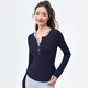 NEVER ME long-sleeved T-shirt women's Pilates slimming contrasting color yoga wear running fitness wear Henry collar bottoming shirt navy gray M